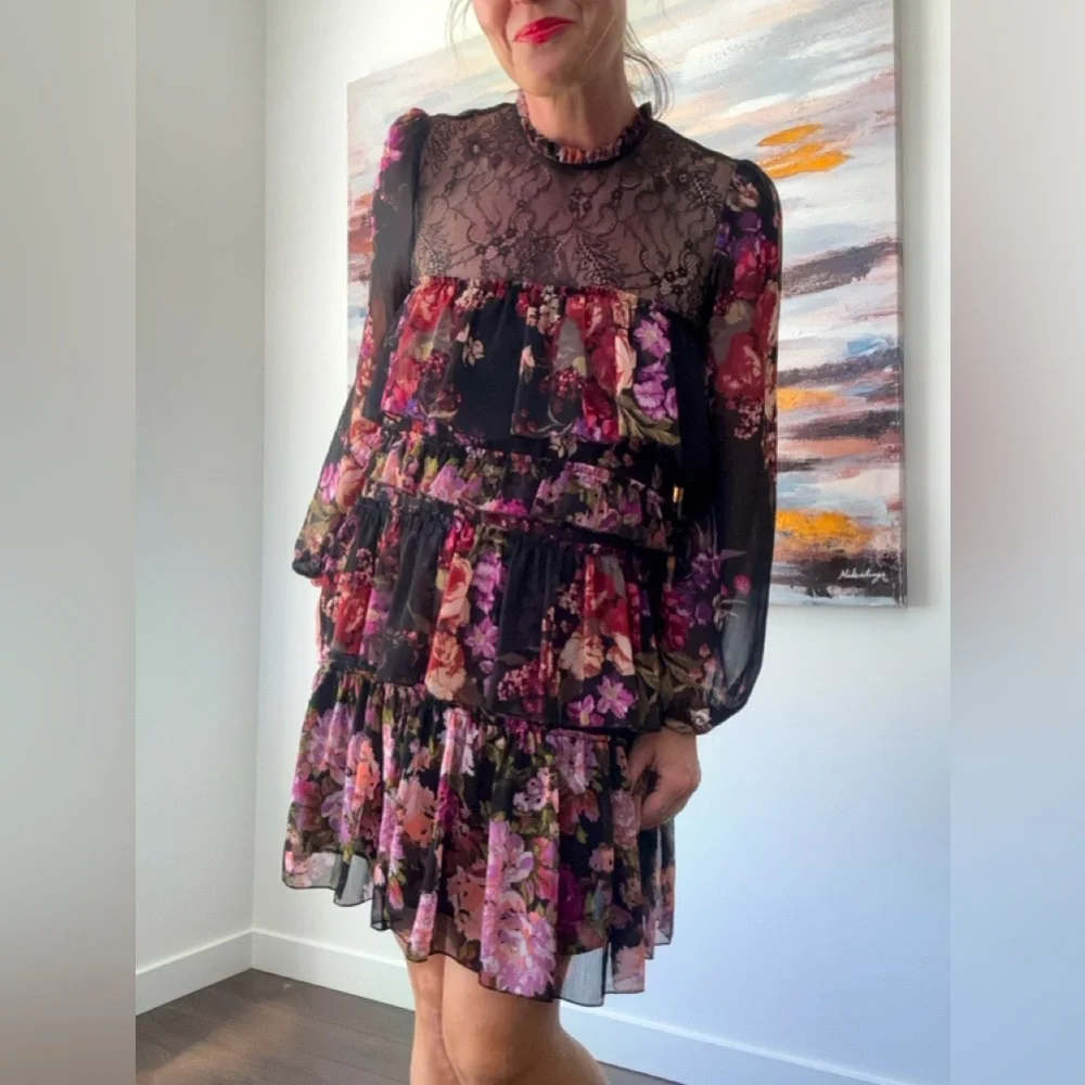 ZARA Floral Lace Tiered Frock Dress Multicolour Medium - Picture 4 of 13